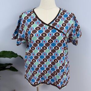 Dickies Scrub Top XL Floral Mock Wrap Scrubs Cotton Brown & Multicolor Scrubs